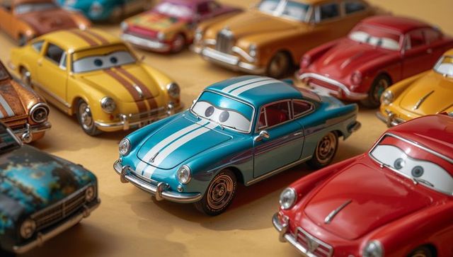 Teal vintage diecast toy car with white racing stripes and eye decals among collectibles