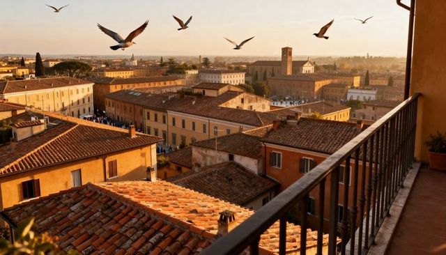 Golden-hour mediterranean rooftops with terracotta tiles, church tower and soaring gulls