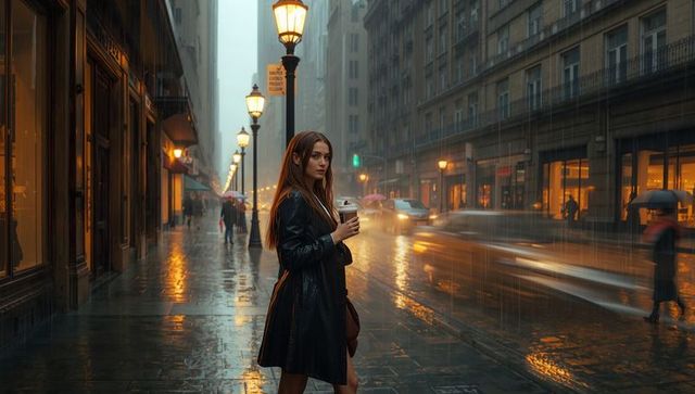 Woman standing in rain holding coffee on wet city avenue at dusk with glowing lampposts