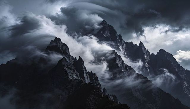 Rising jagged peaks wrapping storm clouds and swirling snow in moody alpine panorama