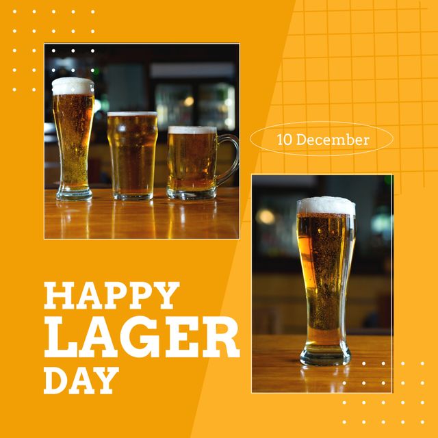 Collage of lager served in glasses on bar counters and december 10 with happy lager day text. Copy space, beer, alcohol and celebration concept.