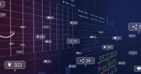 Futuristic market dashboard displaying live financial analytics and neon social badges