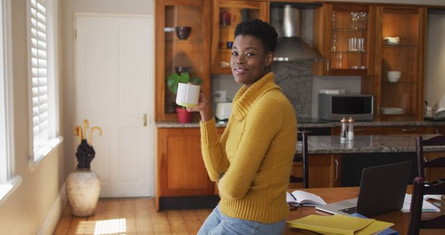 Woman Relaxing with Coffee in Modern Kitchen - Download Free Stock Images Pikwizard.com