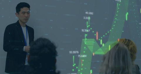 Businessman Presenting Data to Team with Digital Graph Overlay