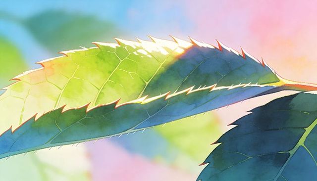 Glowing serrated leaves in pastel watercolor with rimlight and soft gradient