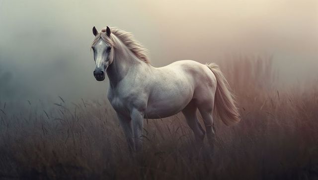 Majestic pale horse in misty meadow at dawn