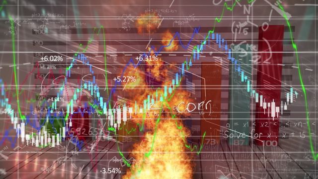 Find a dynamic representation of financial market volatility with this image combining lively fire effects and financial data graphs, symbolizing market crises or heated trading days. With its vivid colors and detailed analytics display, it suits articles discussing financial difficulties, stock evaluations, market trends, or economic predictions in a dramatic flair.