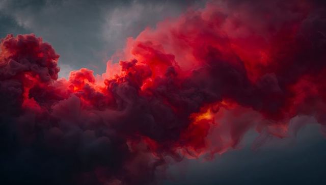 Crimson Cloud Plume Billowing with Ember Glow Over Moody Stormy Sky Abstract Texture