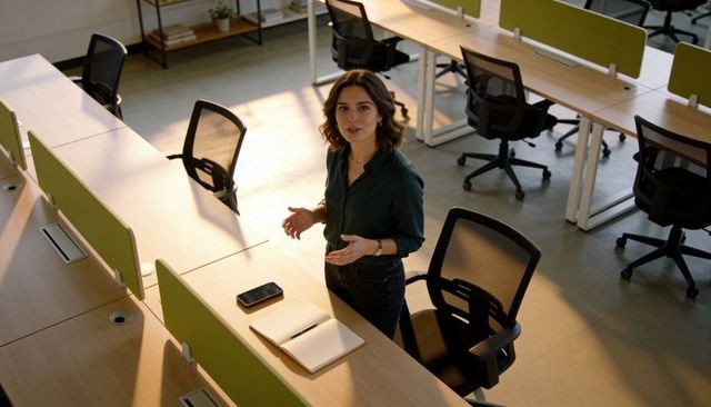 Woman presenting in modern open-plan office with notebook and smartphone