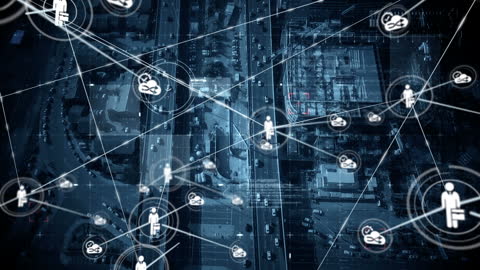 Global Connections Digital Network Overlaying Cityscape