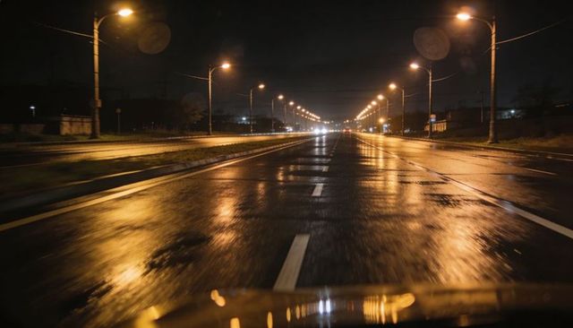 Wet urban highway at night with reflective streetlights and empty multi-lane perspective