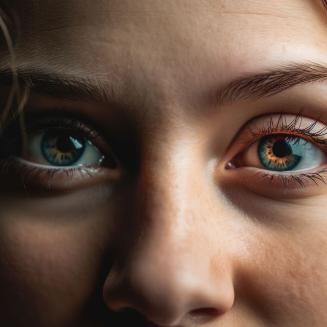 Close-up capturing light blue eyes and freckles. Can be used for beauty, skincare, eye color, and human feature studies.