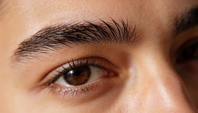 Closeup right eye with brown iris, full eyebrow and long lashes showing skin texture