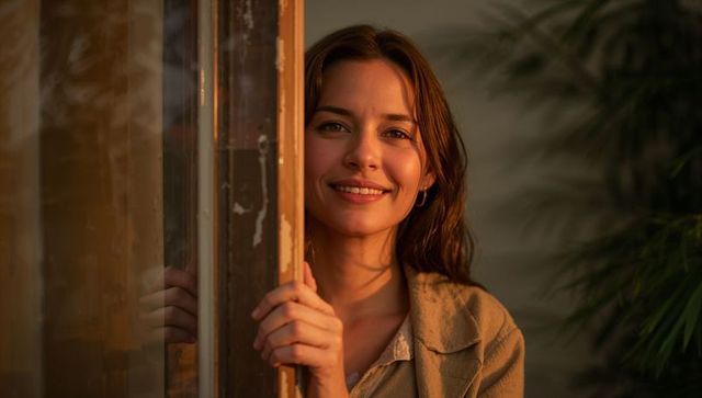 Sunlit serene portrait smiling woman holding wooden doorway at golden hour