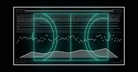 The image depicts a futuristic digital interface with data processing elements displayed over a neon depiction of a stadium. The combination of technology and sports is highlighted with visually intriguing digital lines and graphs. This conceptual background can be used in contexts involving sports analytics, technology integration in sports, high-tech presentations, or digital interface design.
