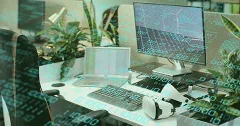 Modern Workspace with Digital Code Overlay and VR Headset