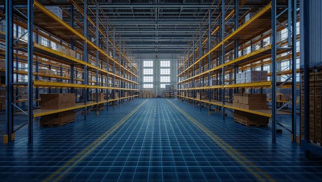 Modern Warehouse Aisle with Steel Shelving and Lane Markings