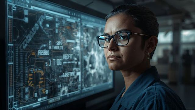 Female Engineer Analyzing Futuristic Schematics on Monitor in Control Room Portrait