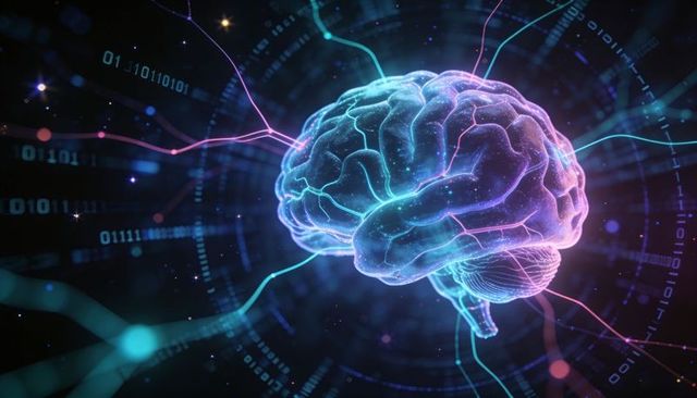 Neon brain network visualizing digital neural connections, data streams and ai intelligence