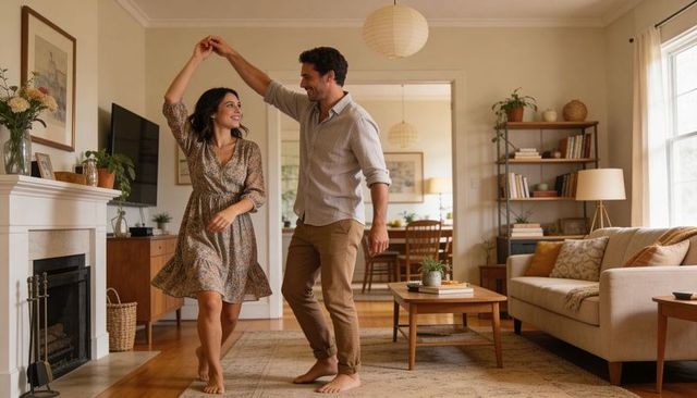 Couple dancing barefoot in cozy living room with fireplace, hardwood floor and plants