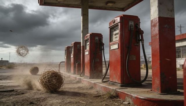 Standing vintage gas pumps with rolling tumbleweeds under stormy desert sky