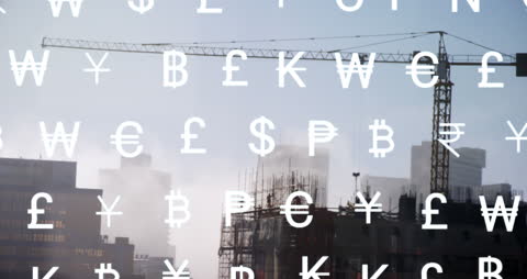 Animated Currency Symbols Against a Cityscape