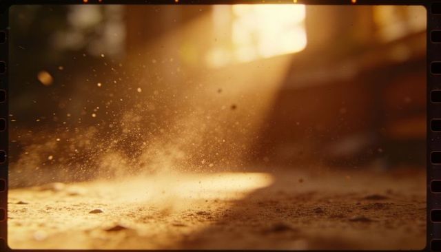 Glowing dust motes drifting in warm sunbeam over sandy floor with film sprocket border