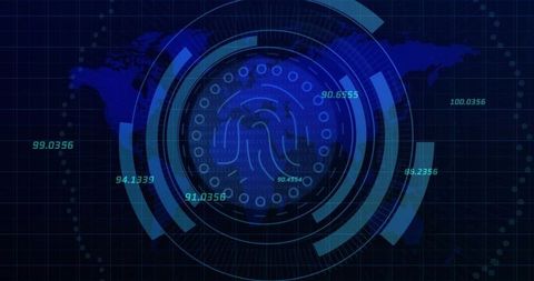 Biometric fingerprint scan hud showing circular data rings and global security interface