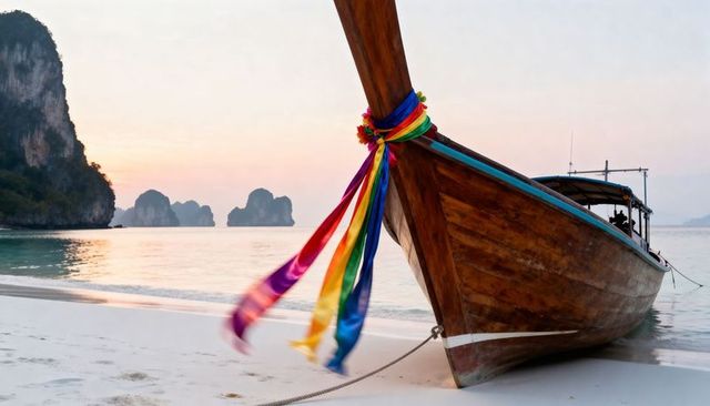 Longtail boat on pristine white sand at sunrise with colorful ribbons and karst isles