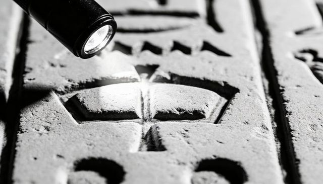 Led flashlight revealing weathered stone cross relief with dusty textured grooves