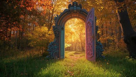 Ornate Archway Leads to Sunlit Autumn Clearing