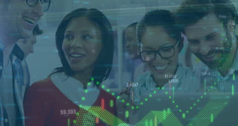 Team Collaborating with Financial Data Analytics Overlay