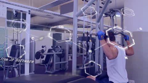 Digital Fitness: Data Overlay with Man Exercising at Gym