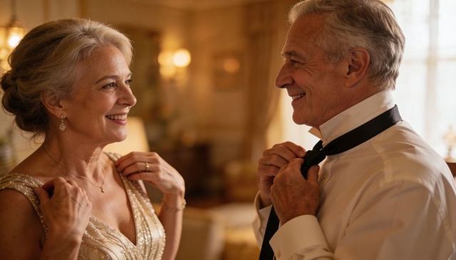 Senior couple preparing for formal evening in luxury suite, elegant eveningwear