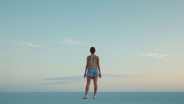 Woman standing facing calm horizon on coastal promenade minimalist seascape serenity