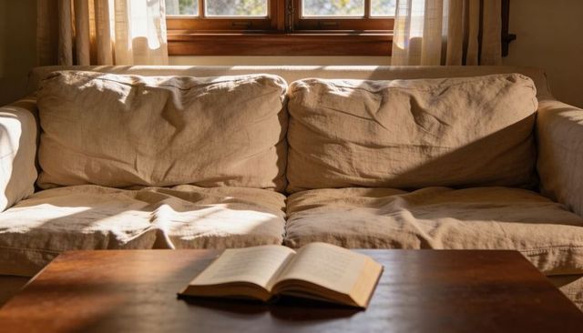 Sunlight-basking beige linen sofa with open book on wooden coffee table, cozy reading nook