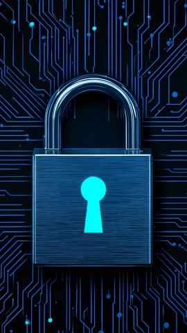 Vertical padlock protecting data, pulsing cyan circuit traces powering network encryption