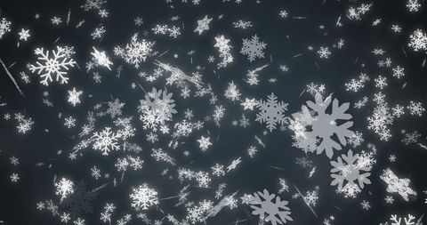Falling white snowflakes on dark blue background