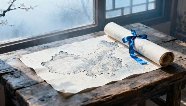Antique parchment map of China unrolled on wooden table rolled scroll tied with blue ribbon