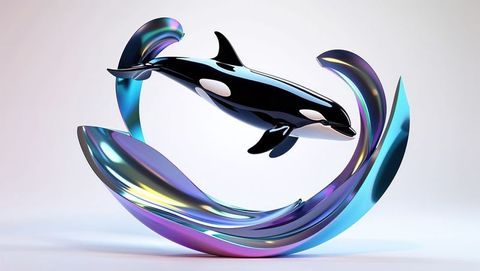 Glossy orca sculpture with iridescent twisting metal ribbons