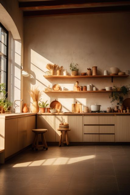 Rustic kitchen bathed in sunlight, featuring wooden utensils and houseplants on open shelves. Ideal for use in home decor inspiration, kitchen design ideas, or articles on cozy, warm interiors.