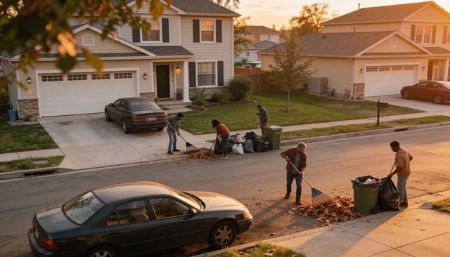 Neighbors raking leaves on suburban street at golden hour community cleanup