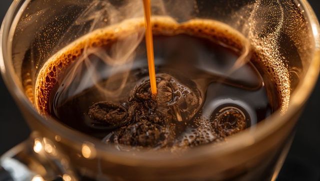 Macro pouring espresso creating rich crema and rising steam in clear glass cup