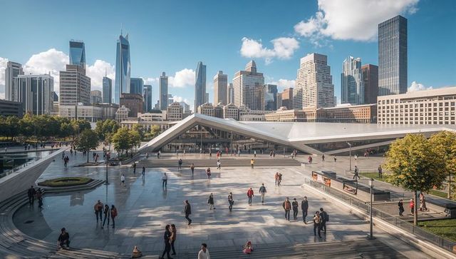 Modern transit pavilion anchoring urban plaza with reflecting pools and city skyline