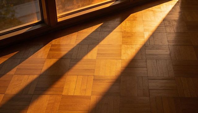Casting Golden Diagonal Sunbeams Across Wooden Parquet Flooring with Dramatic Shadows