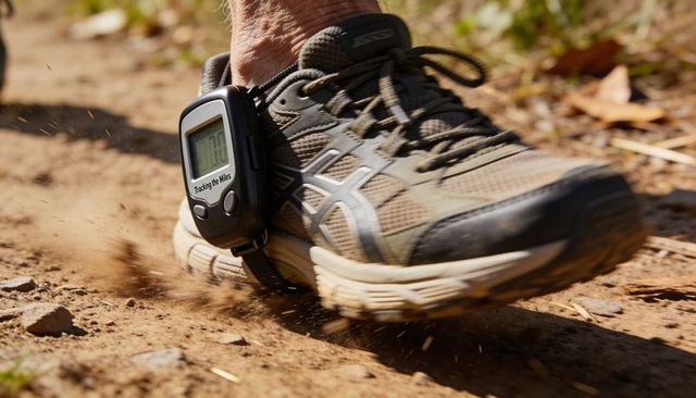 Trail runner shoe kicking up dust with foot pedometer strapped on outdoor workout path