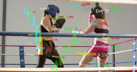 Female boxers sparring with financial data overlays in boxing ring training