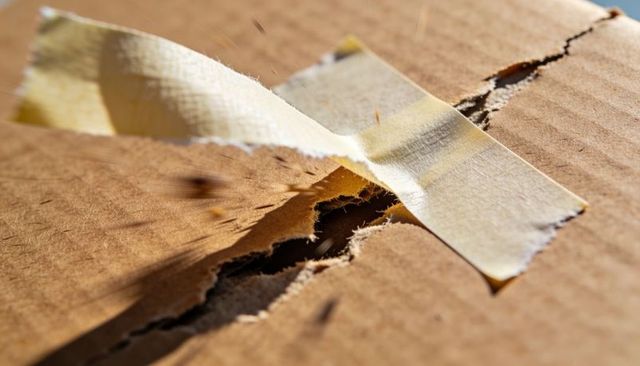 Peeling Beige Tape Revealing Torn Corrugated Cardboard and Fibrous Core