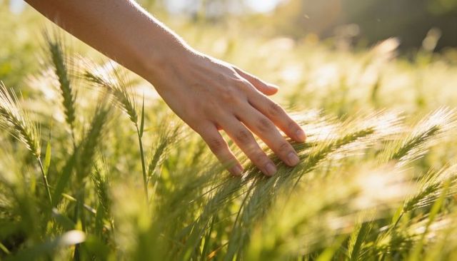 Hand gliding through sunlit barley field during golden hour, pastoral serenity