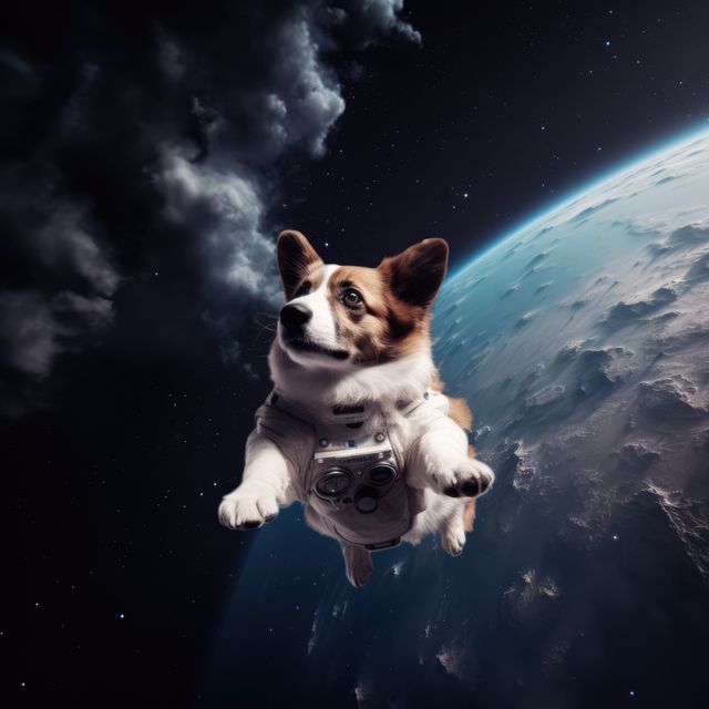 Corgi wearing an astronaut suit floating in space with Earth in the background. This whimsical image can be used for themes related to space exploration, pets, adventure, imagination, and science fiction stories. Ideal for websites, advertisements, or social media posts needing a blend of cuteness and space-themed imagery.